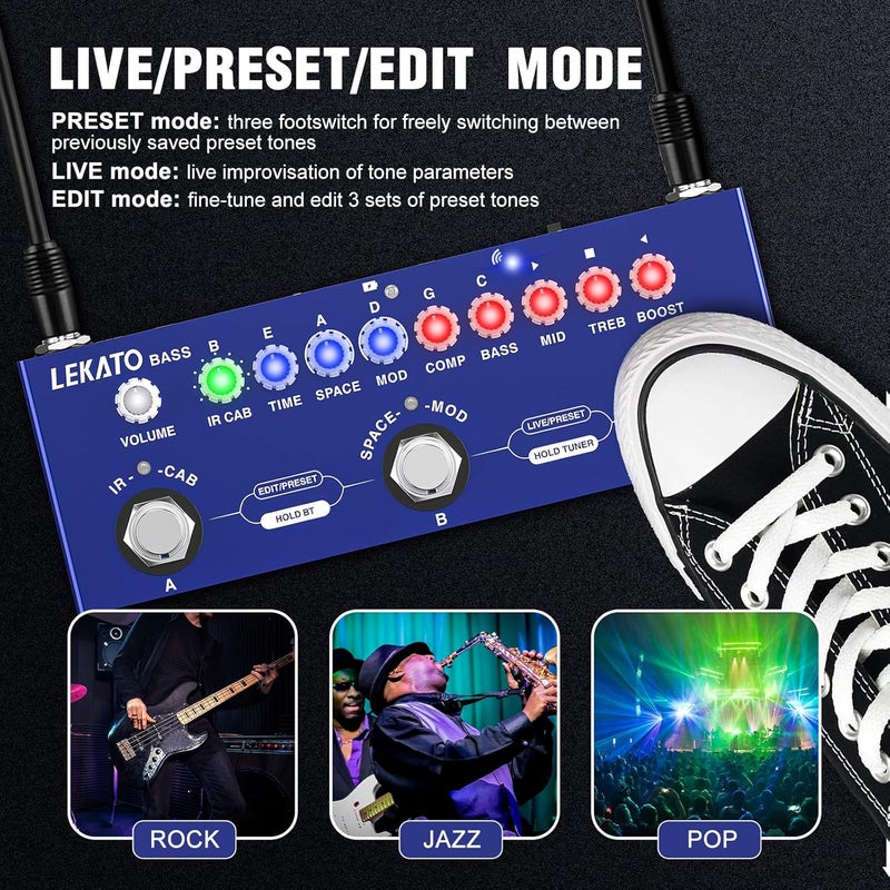LEKATO Bass Multi Effects Pedal, Guiter Peda with IR Loading 9 AMP Models, Delay Reverb Chorus, Multi Effects Processor for Bass, Bluetooth 5.0,Recording, Built-in Battery - Image 4